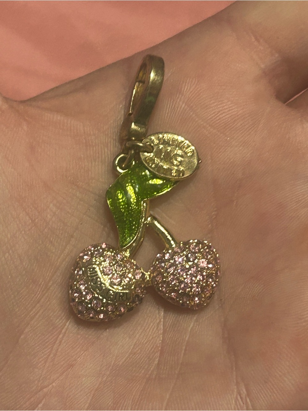 Pink Crystal Cherry Charm with Green Enamel Leaf